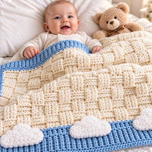 Little Cloud Baby Blanket Crochet Pattern PDF, Basketweave Baby Afghan, Blue Border Nursery Blanket