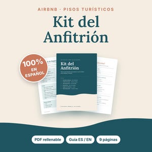 Puede incluir: Un kit digital para anfitriones de Airbnb con una paleta de colores verde azulado y beige. Incluye una portada titulada Kit del Anfitrion, páginas interiores con listas de verificación y un sello circular 100% EN ESPAÑOL.