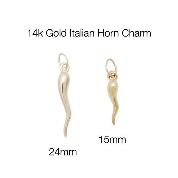 14k Gold Cornicello Italian Horn Charm, 15mm, 24mm, Gold Filled Charms, Sterling Silver Charms, Made in USA
