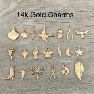 14k Gold Charms, Gold Charms, Gold Star, Crescent Moon, Shell, Sun, Bird, Pineapple, 14k Gold Stamping