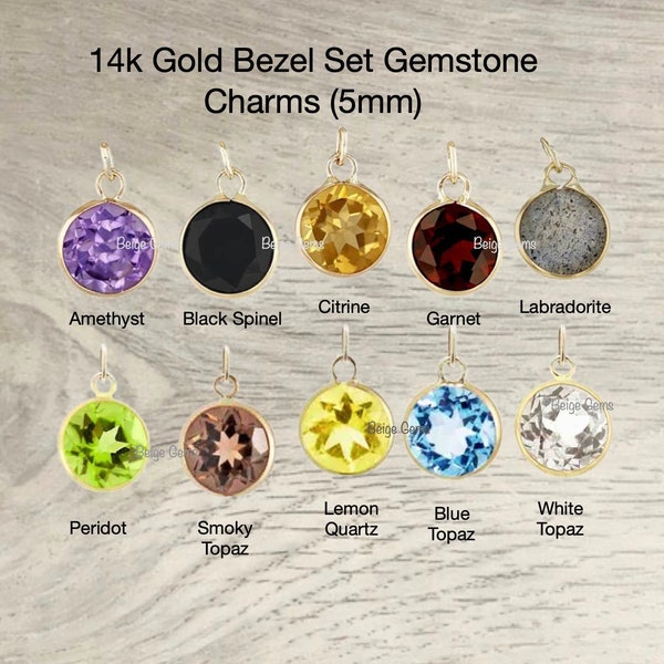 14k Gold Bezel Set Gemstone Charm, Real Gold Charm, Genuine  Gemstone Charm, Amethyst, Peridot, Citrine, Quartz, Labradorite, 5mm