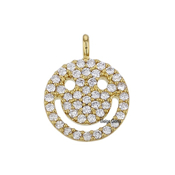 Vermeil Charm, Smiley Face Emoji Charm, CZ Happy Face Pendant, Sterling Silver Charm, Pave CZ Charm, Vermeil Supply, Gift for Her