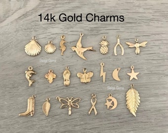 14k Gold Charms, Gold Charms, Gold Star, Crescent Moon, Shell, Sun, Bird, Pineapple, 14k Gold Stamping