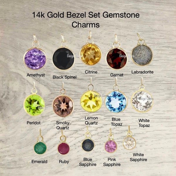 14k Gold Bezel Set Round Gemstone Charm, 14k Genuine Gemstone Charm, Ruby, Amethyst, Peridot, Emerald, Sapphire, 2.5mm, 3mm, 3.5mm, 4mm