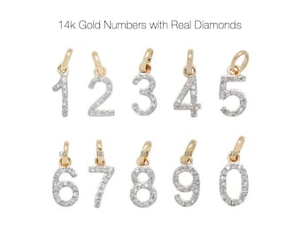 Pave Diamond Number Charm, Small, Real Gold Personalized Charms, Real Pave Diamond Number Charms