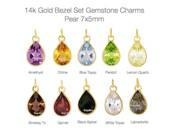 14k Gold Bezel Set Gemstone Charm, Pear Shaped Genuine Gemstone Charm, Amethyst, Peridot, Citrine, Quartz, Labradorite, 5x3mm, 6x4mm, 7x5mm