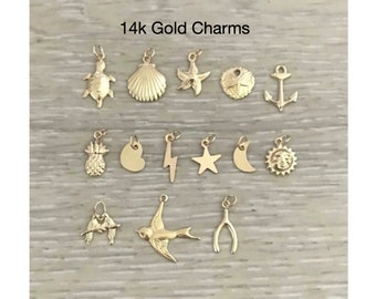 14k Gold Charms, Gold Charms, Gold Star, Crescent Moon, Shell, Sun, Bird,  Pineapple, 14k Gold Stamping