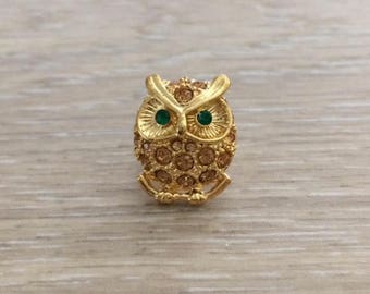 Vintage Owl Rhinestone Brooch, Gold Brooch, 18x15mm, Tie Tack