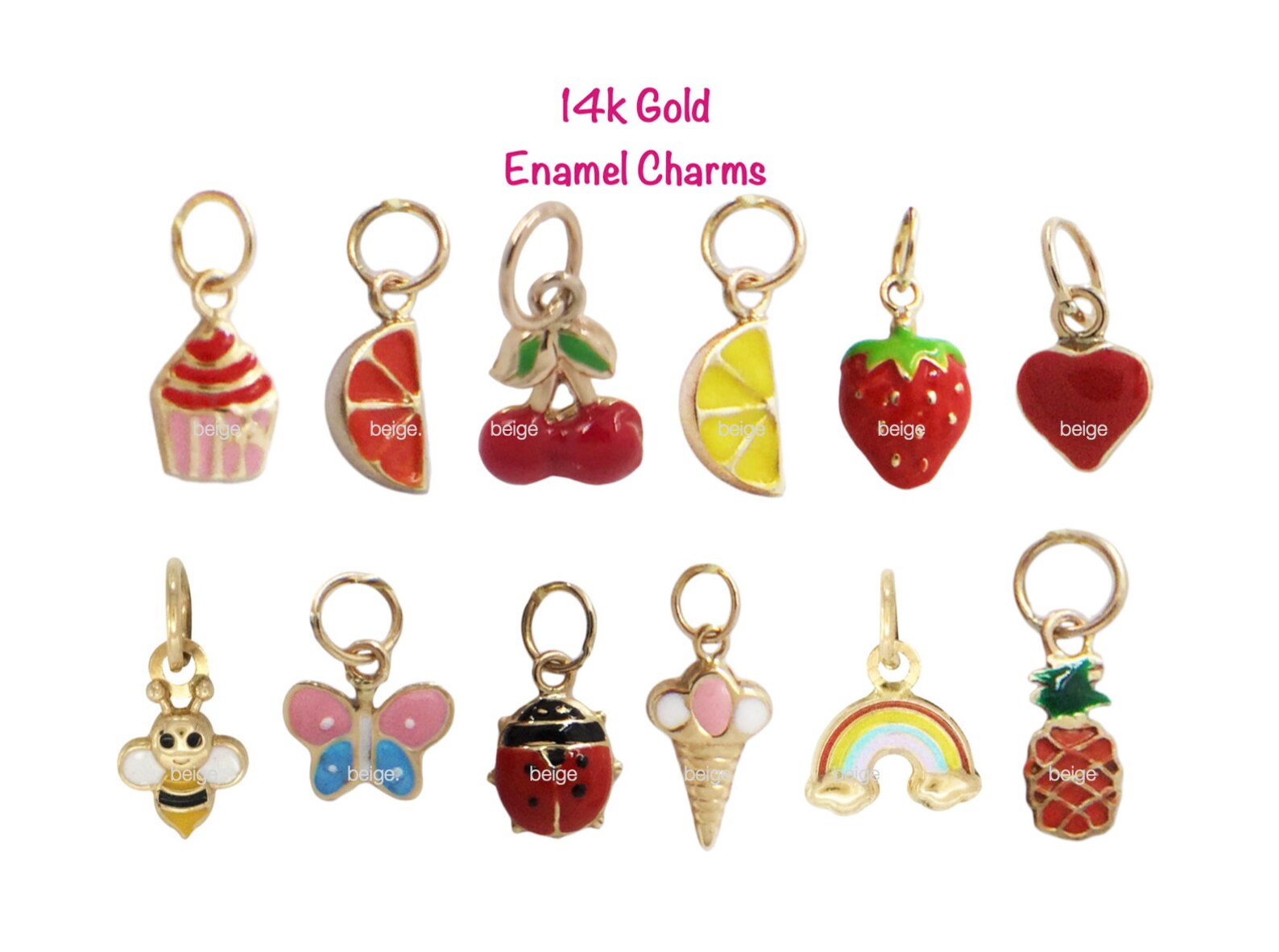14k Gold Enamel Charms Gold Charms Gold Cherry Enamel Fruit Etsy