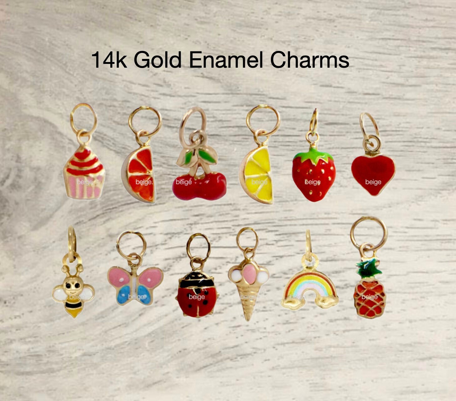 14k Gold Enamel Charms Gold Charms Gold Cherry Enamel Fruit Etsy