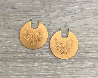 2 Brass Stampings, Earring Component, Hinged Earring, Textured Hoops, Flower Earring