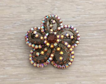 Rhinestone Brooch, Flower Brooch, Bridal Brooch, Brown