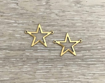 12 Brass Star Connector, Star Charms, Raw Brass Stampings