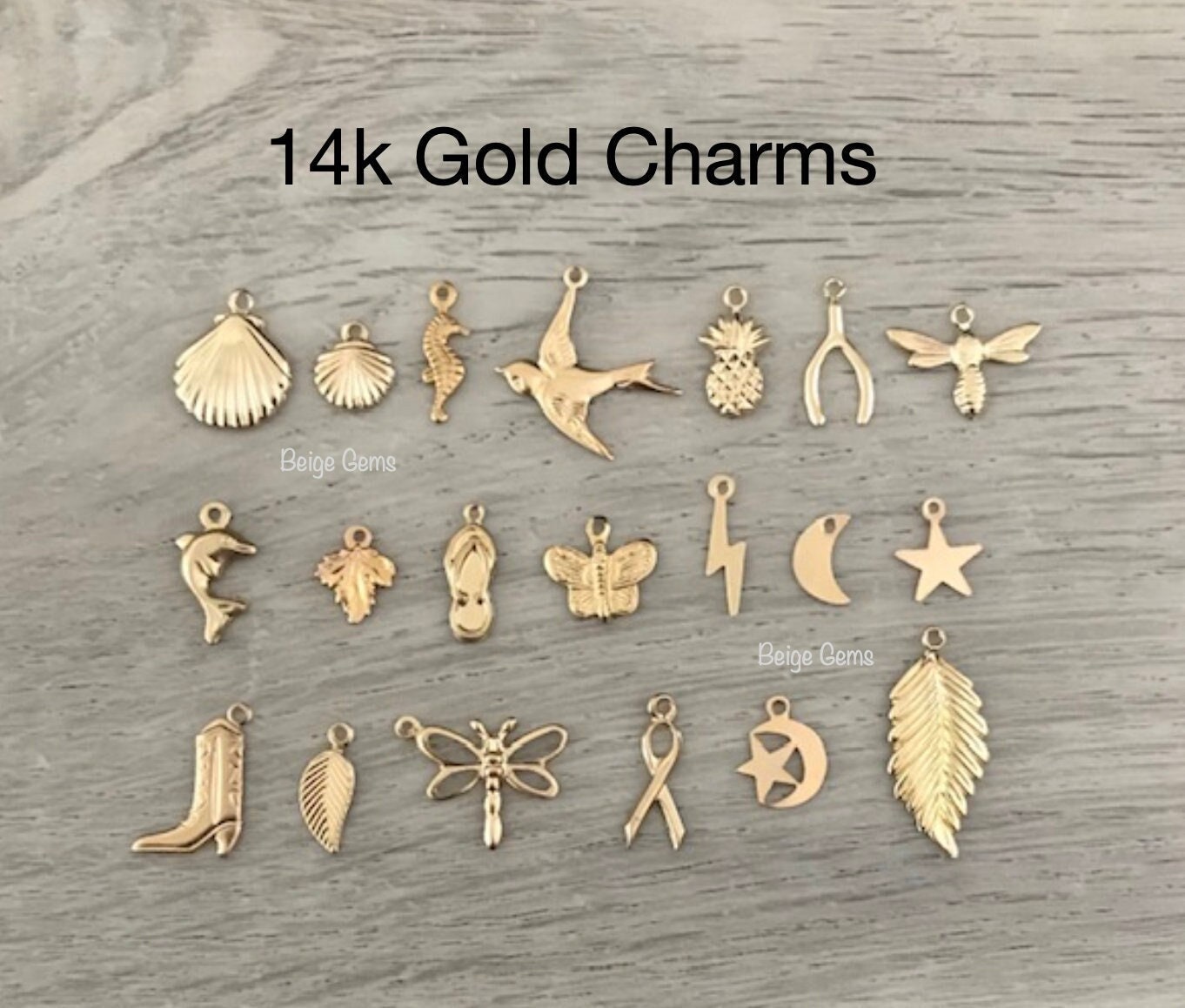 14k Gold Charms, Gold Charms, Gold Star, Crescent Moon, Shell, Sun