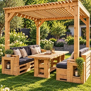 May include: A wooden pergola structure covering a patio set made from light-colored wood pallets. The set includes two L-shaped benches with dark gray cushions and a central rectangular table. Decorative lanterns and potted plants are included.