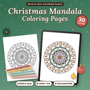 Christmas Mandala Coloring Pages, Printable Christmas Coloring Book for Adults, Bold and Easy Holiday Coloring, Procreate PNG