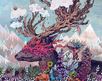 May include: A stylized illustration of a deer with antlers that are branches of a tree with clouds and rain. The deer is surrounded by flowers and mountains in the background.