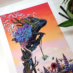 Phantasmagoria /// A2 Fine Art Print | Chameleon art | Ornate fantasy Art | Psychedelic flowers | Surreal reptile art | neon colorful print