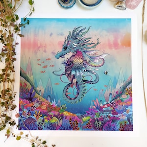 Sott&#39;acqua /// Stampa artistica 11,7&quot;x 11,7&quot; / Stampa di cavalluccio marino fantasy / Creatura sottomarina surreale / Stampa psichedelica al neon / Arte animale