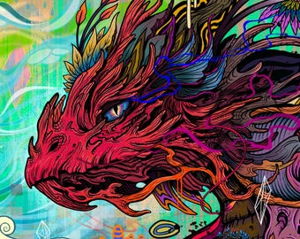 Dra'thal /// LE 16.5"x 16.5" Fine Art Print | Fantasy Drachen Kunstwerk | Cosmic Fantasy Dekor | Schamanischer Drachengeist Feuerdrachen Druck