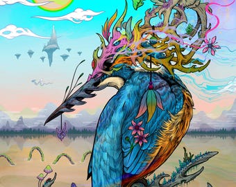 Hunters Rest  /// LE A4 Fine Art Print | Fantasy Kingfisher & Dragon Artwork | Surreal Dreamscape Illustration | Mystic Nature Wall Art