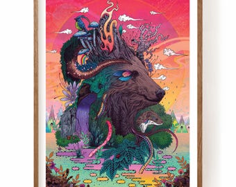 Forest Warden /// A4 Fine Art Print | Magical Bear Spirit | Surreal Neon Animal Print | Detailed Ornate Woodland Animal Art