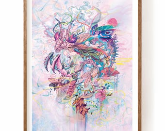 May include: A framed print of a colorful, abstract illustration featuring a mantis, butterflies, and flowers on a pink and blue background.