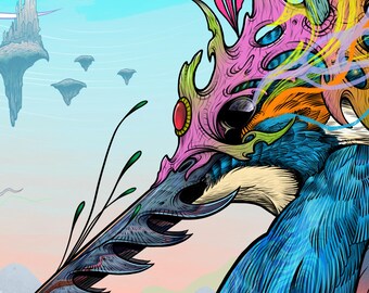Hunters Rest /// LE A3 Fine Art Print | Fantasy Kingfisher & Dragon Artwork | Surreal Dreamscape Illustration | Mystic Nature Wall Art