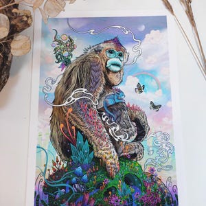 Guardian /// A4 Fine Art Print | Ghibli inspired art | fantasy monkey wizard | Illustration wall art | colourful neon art |