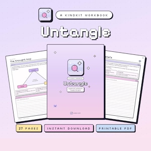 Puede incluir: Un libro de ejercicios Kindkit titulado Untangle, un manual de TCC para pensamientos en espiral. La portada es de color rosa claro y morado con iconos de pixel art. Dos páginas abiertas muestran diagramas y texto.