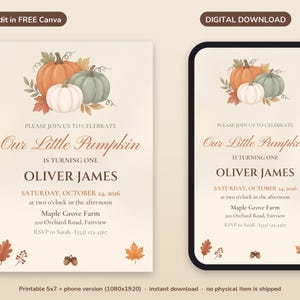 Puede incluir: Una plantilla de invitación de cumpleaños con calabazas y hojas de otoño en acuarela. El texto dice: Please join us to celebrate Our Little Pumpkin is turning one, Oliver James, Saturday, October 24, 2026, at two o'clock, Maple Grove Farm.