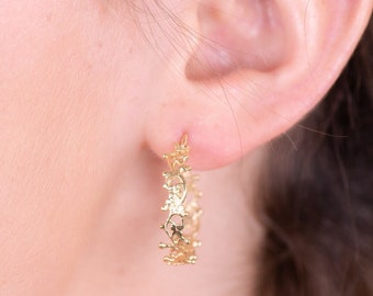 14k Solid Gold Lace Hoop Earrings, Boho Style (25mm)