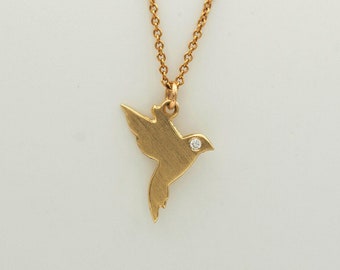 Flying Birds Gold Necklace,  14k Solid Gold Dove necklace, Gold Dove Diamond Pendant