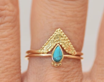 Handmade 14k Gold Turquoise Ring Set, Solitaire and Chevron