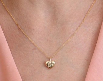 14k Solid Gold Heart Pendant Necklace, Good Luck Eye Engraving