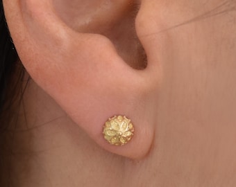 14k Solid Gold Filigree Stud Earrings, Handmade Boho Style