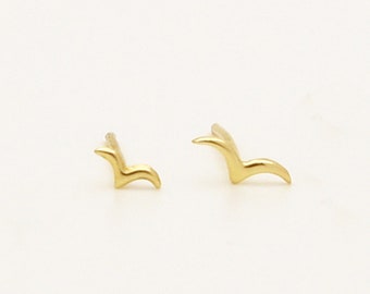Gold Stud Earrings, 14k GOLD Studs, Tiny Bird Earrings, Small Everyday Petite Post Earrings, Hand Made from solid gold yellow or rose