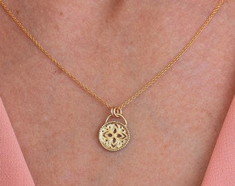 Solid Gold Necklace, Flower Necklace, Unique Tribal Gold Jewelry, Pendant Necklace, Yellow Gold Necklace, Valentine Necklace, Charm Necklace