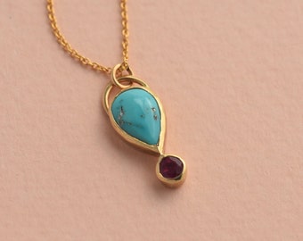 14k Solid Gold Turquoise Pendant, Natural Turquoise Gold Pendant, 14k Gold Turquoise and Ruby Necklace, one of a kind jewelry, Ruby Pendant