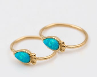 Opal Hoop Earrings, 14K GOLD Earrings, Blue Opal Hoops, Boho Jewelry, Tiny hoop Earrings, Perfect Gift for her, Everyday Higgie Hoops
