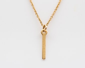 14K Solid Gold Bar Necklace, Yellow Gold Vertical Pendant