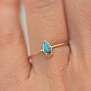 Tiny Turquoise Ring, Solid Gold Engagement Ring with Turquoise Stone, Thin Stacking Ring, Boho Drop Ring, Turquoise Drop Ring