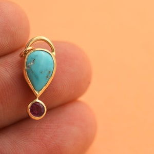 Turquoise And Ruby Pendant, Real 14k Gold Turquoise Pendant, Solid Gold Pendant, Gemstone Necklace, Gift For Mom, Anniversary Gift, Birthday