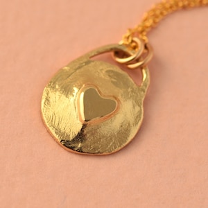 Gold Heart Pendant, 14k Solid Gold Pendant, Handmade Heart Coin Necklace, Disc Pendant, One Of a Kind Delicate Necklace