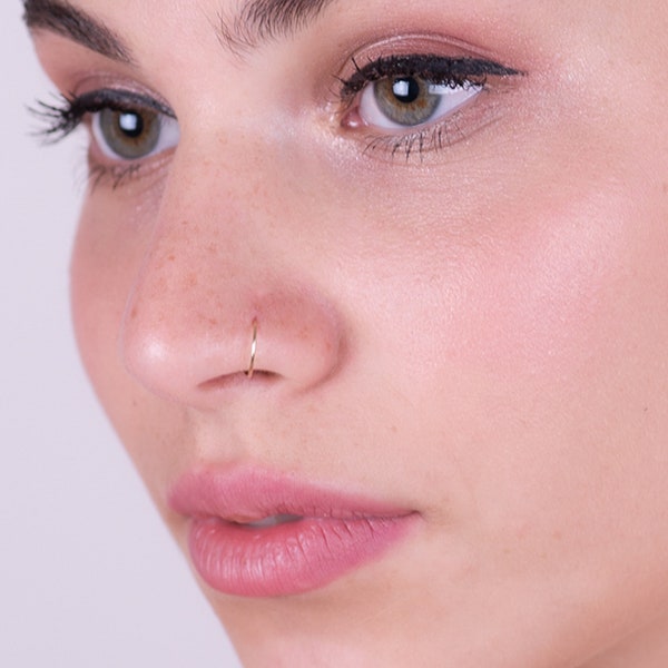 Ultra Thin 24g 14k Solid Gold  Nose Ring Hoop 7mm 8mm Thick 18 gauge 20 gauge Hoop Delicate Snug Fit Piercing, Small Cartilage Hoop