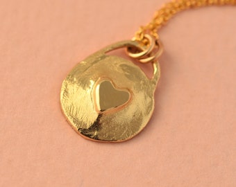 Gold Heart Pendant, 14k Solid Gold Pendant, Handmade Heart Coin Necklace, Disc Pendant, One Of a Kind Delicate Necklace
