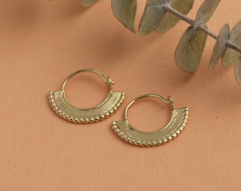 14k Gold Hoop Earrings, Gold Hoops, Solid Gold Earrings, Tribal Earrings,Medium Hoop Earrings, Everyday Dainty Earrings, Beaded Hoop Earring