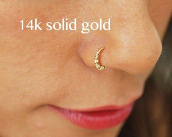 SOLID GOLD 14k nose hoop,Rose or Yellow solid gold 14k nose ring,Cartilage,Tragus Helix Nose Ring Small Tiny Seamless Little Sleeper