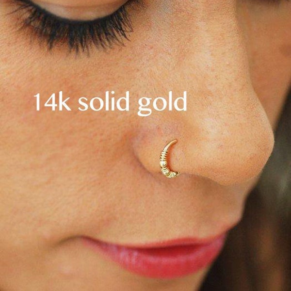 SOLID GOLD 14k nose hoop,Rose or Yellow solid gold 14k nose ring,Cartilage,Tragus Helix Nose Ring Small Tiny Seamless Little Sleeper