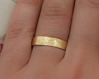 14k Gold Bird on Branch Ring, Floral Woodland Wedding Band